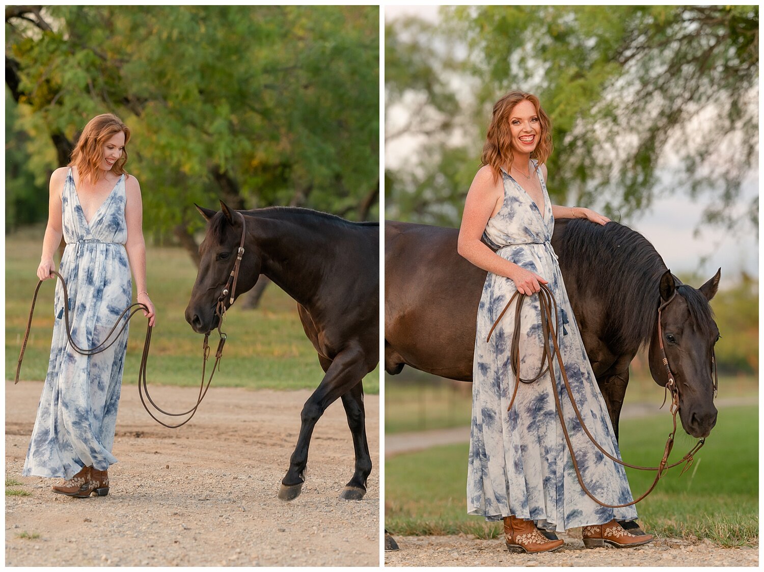  tall girl with short horse in a dress at equestrian portrait session.   Horse and rider portrait session with AQHA cutting horse in Millsap, Texas 