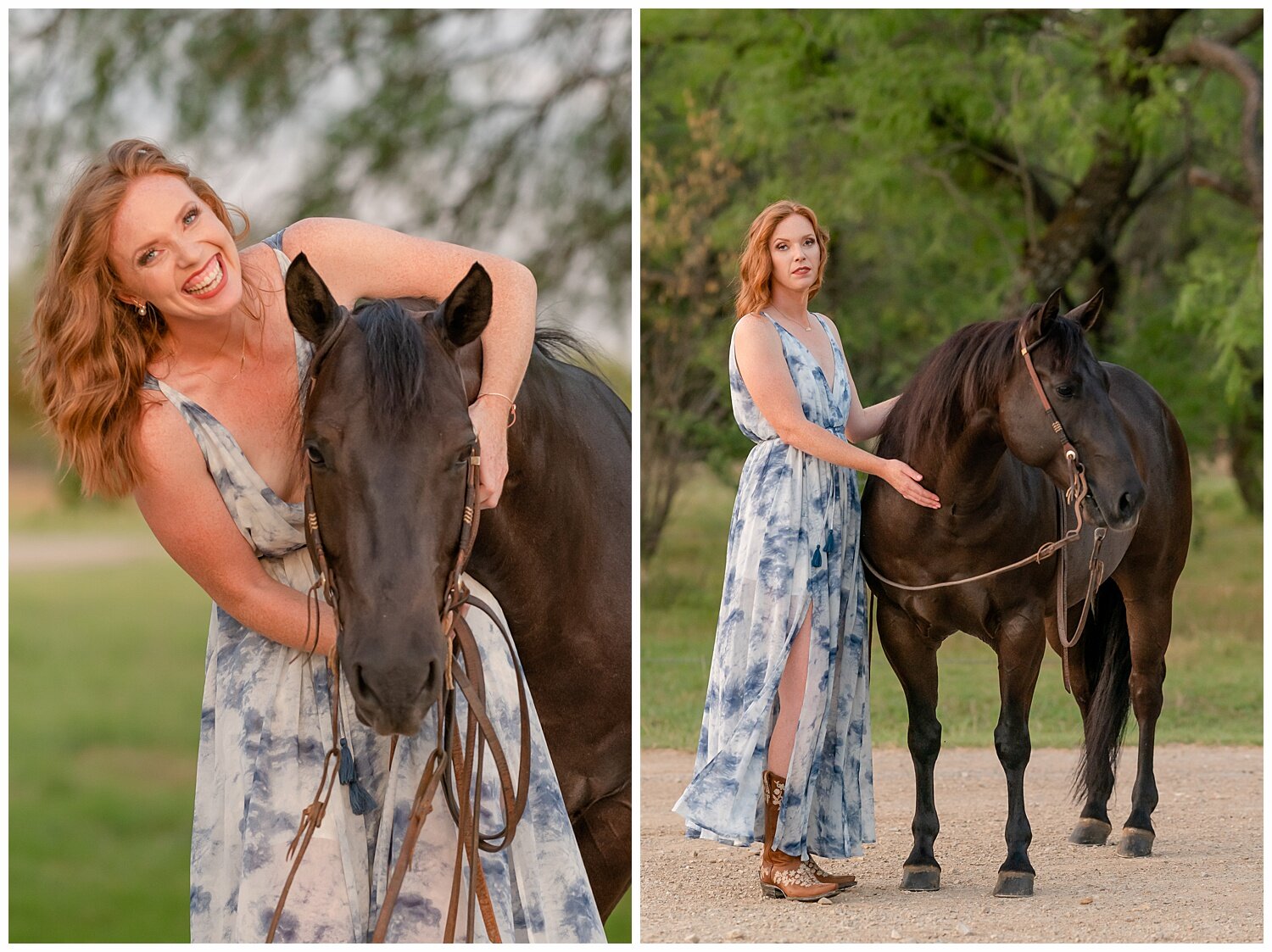  tall girl with short horse in a dress at equestrian portrait session.  Horse and rider portrait session with AQHA cutting horse in Millsap, Texas 