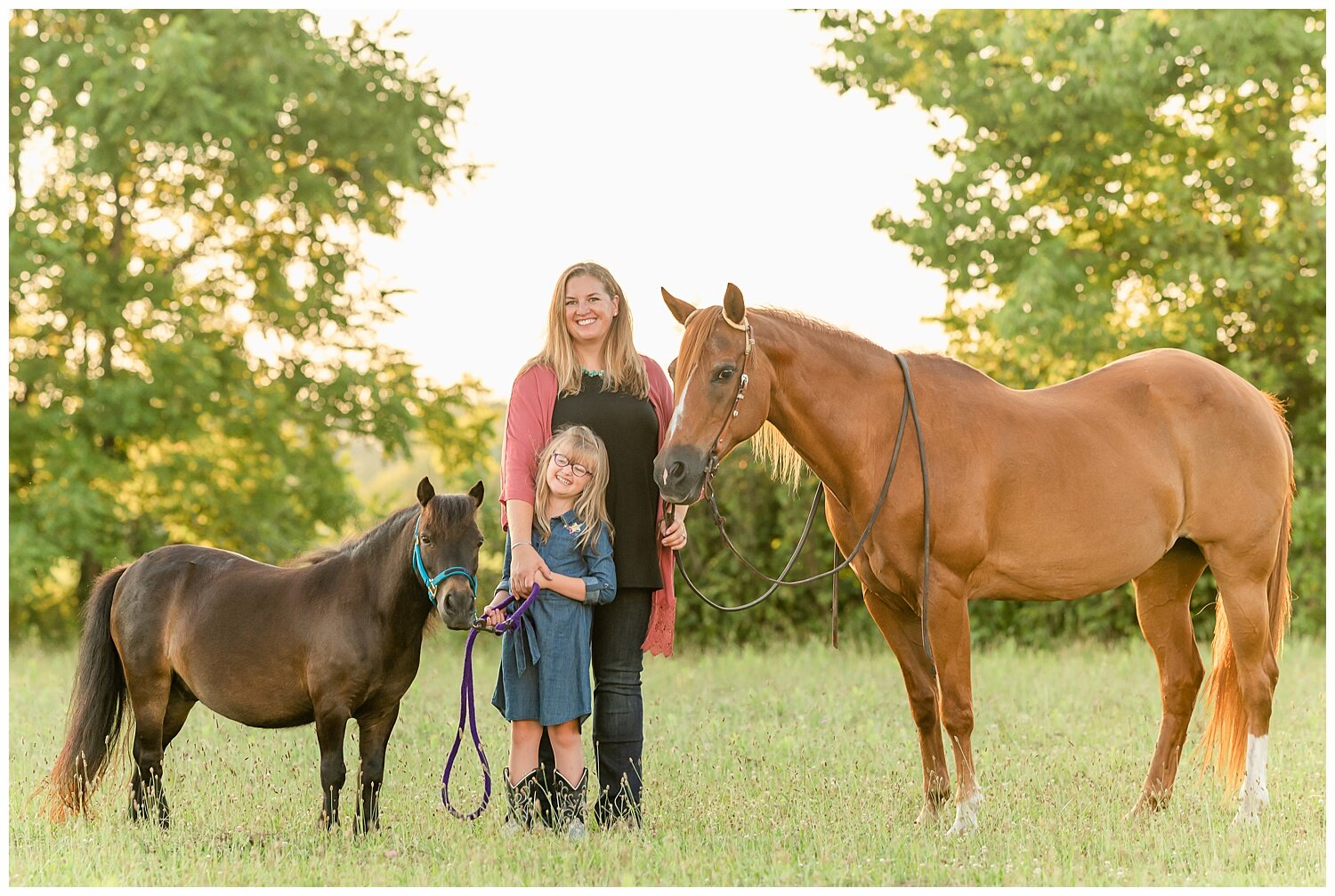  mother daughter portrait session with senior AQHA mare and miniature horse gelding. horse and rider photos in Westfield, Indiana 