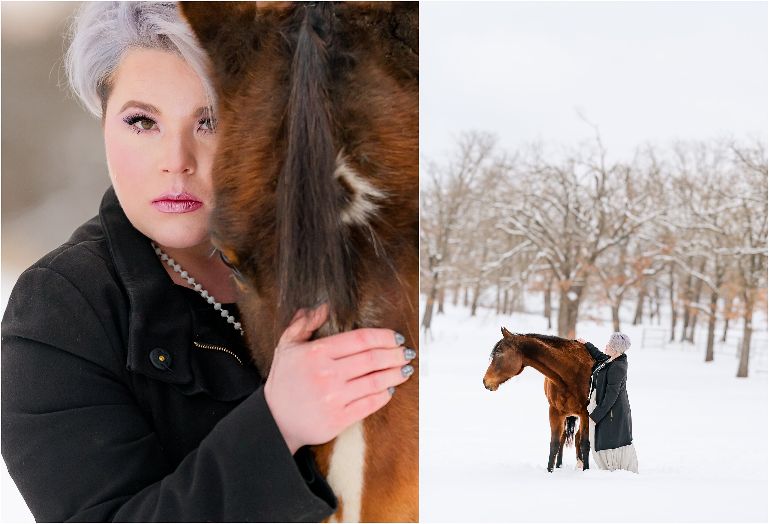  Close up and landscape images of a girl with grey pixie cut hair and her bay quarter horse mare. Posing in the snow for a winter equestrian portrait session.  