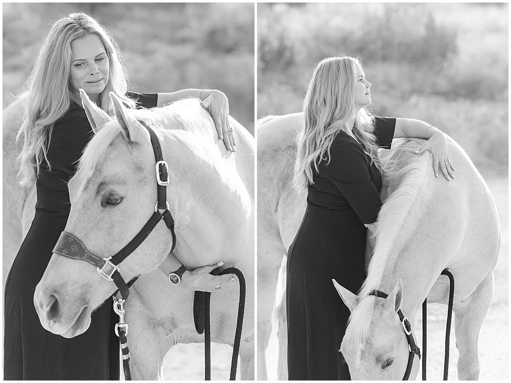 a blonde woman in a black dress cuddles with her palomino quarter horse in big spring texas. the images are in black and white