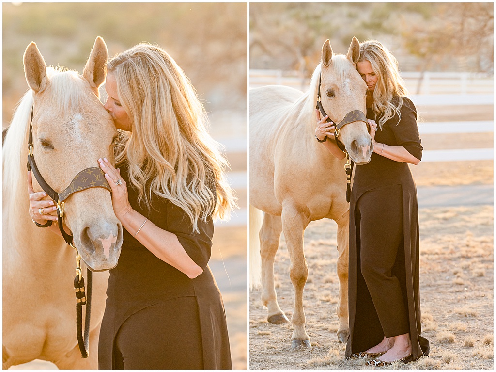 a blonde woman in a black dress cuddles with her palomino quarter horse in big spring texas