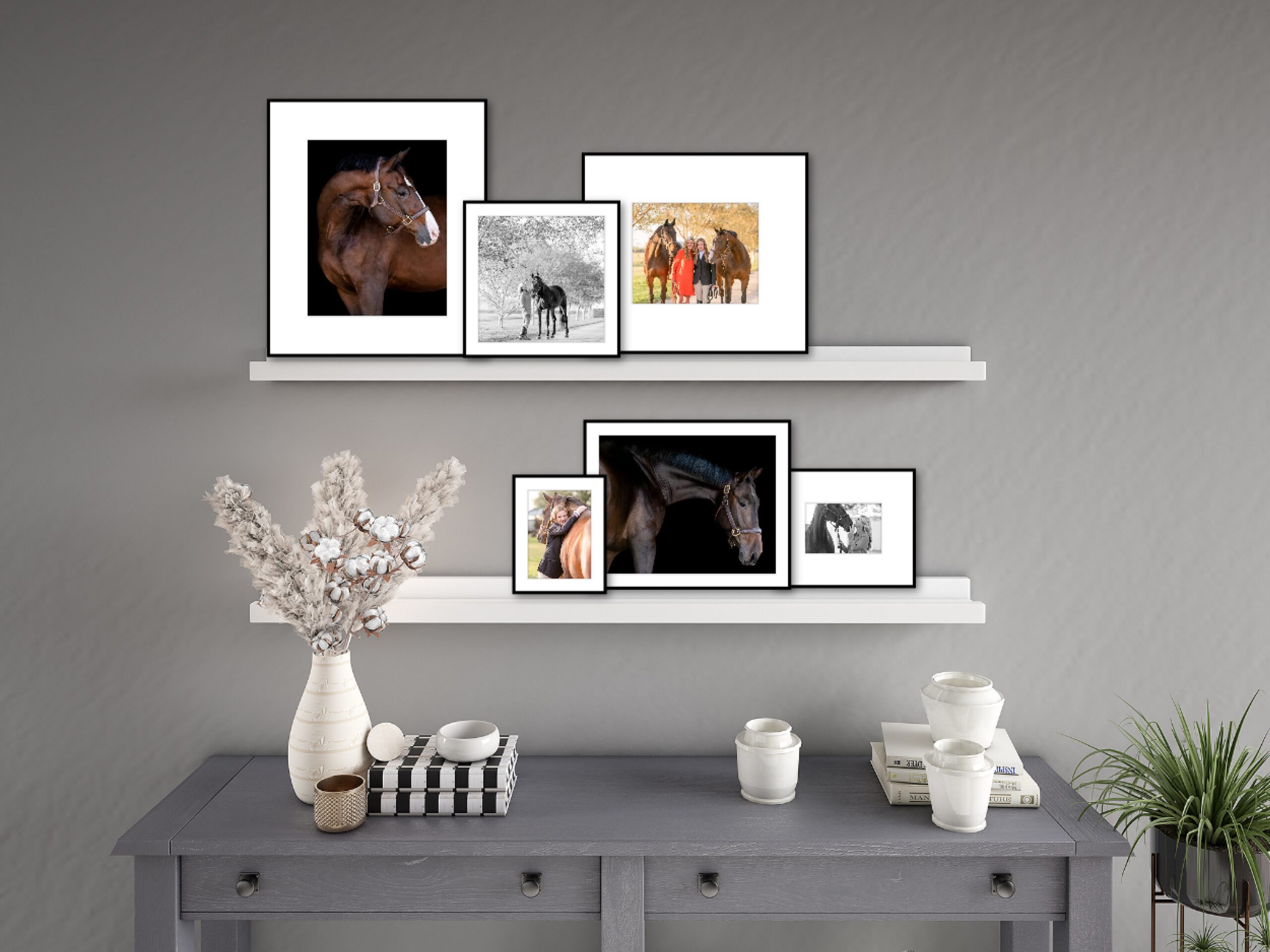 Six framed photos of horses or a horse and rider are displayed on photo ledge shelves.