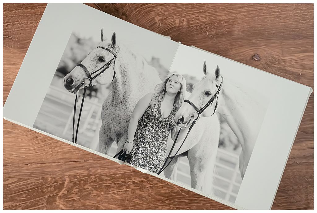 Custom luxury equine portrait album designed with linen cover and heirloom quality materials.