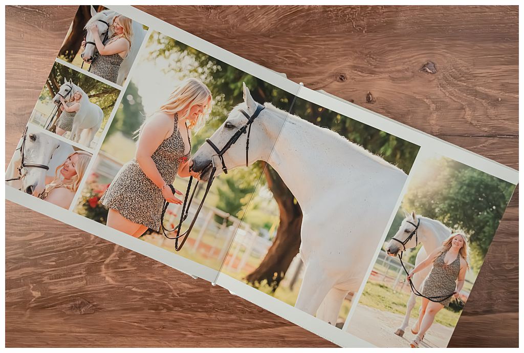Fine art equine photography album for North Texas rider, featuring luxury fabrics and paper.